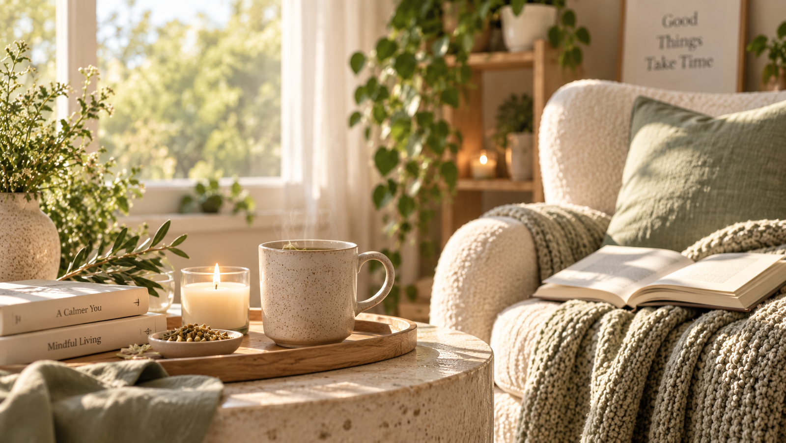 Peaceful home relaxation setting with calming wellness essentials