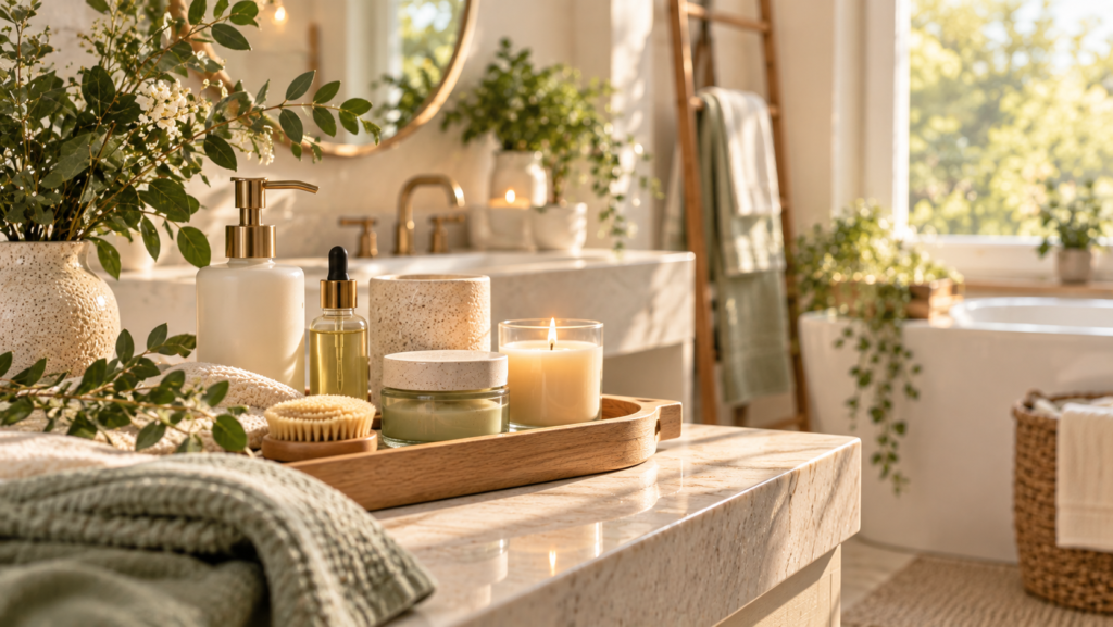 Cozy self-care setup with skincare and wellness essentials