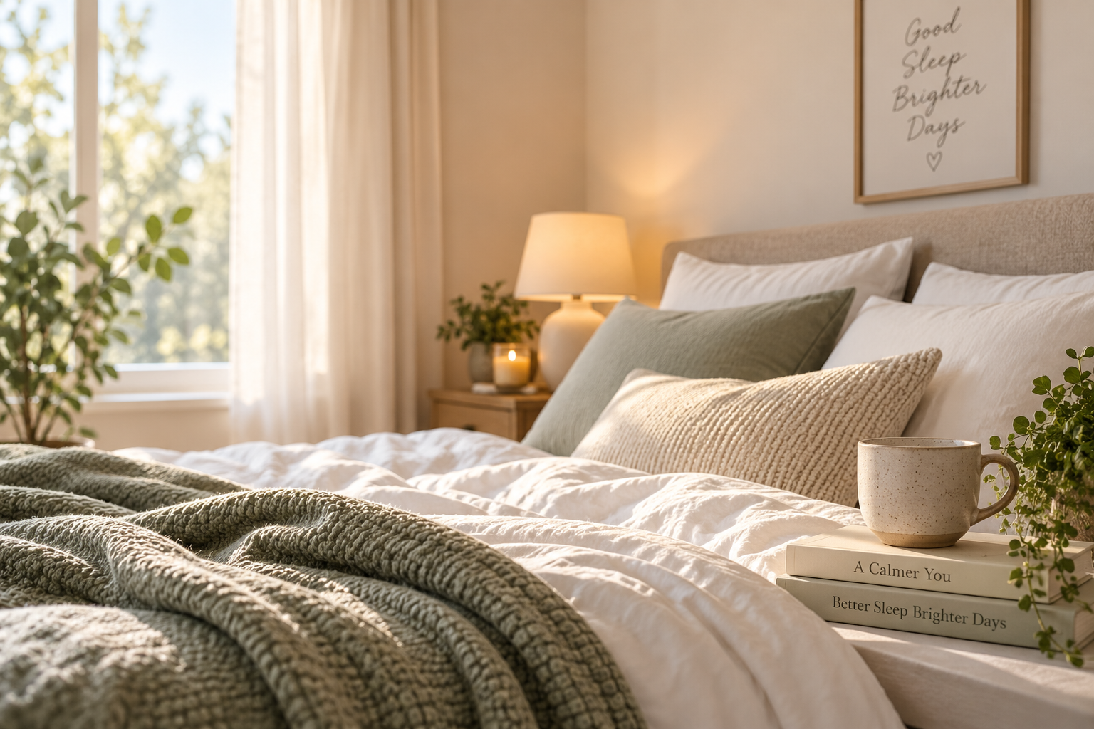 Cozy bedroom with soft bedding and warm lighting for better sleep and relaxation