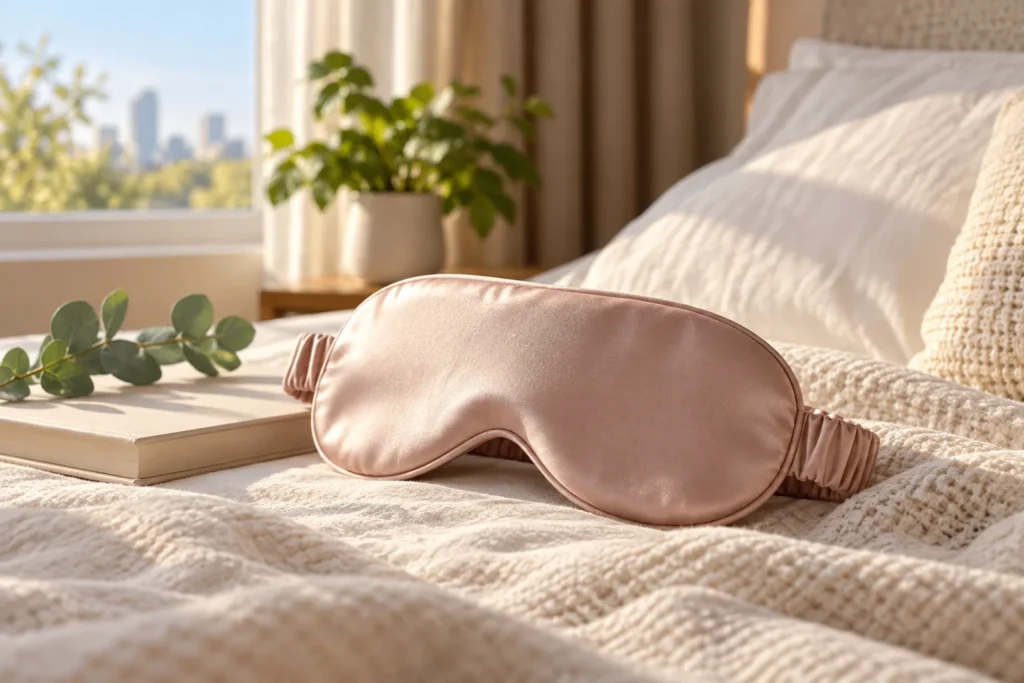 Pink sleep mask on a bed for comfortable daytime sleep