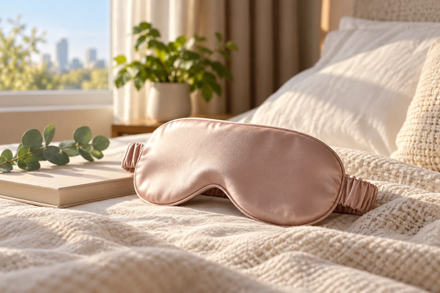 Pink sleep mask on a bed for comfortable daytime sleep