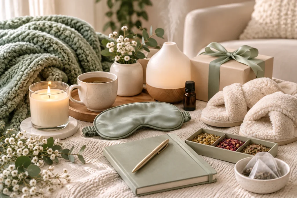 Wellness gifts for relaxation including a sleep mask, candle, tea, journal, slippers and cozy blanket