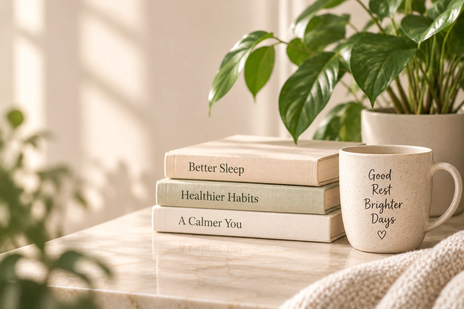 Cozy wellness scene with books, a mug and green plants for better rest