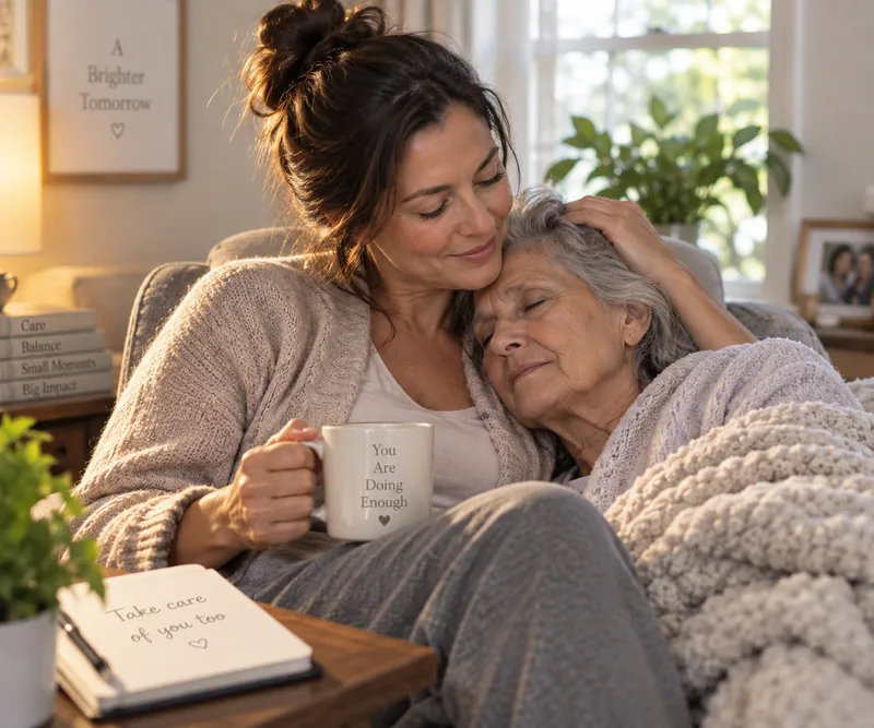 Family caregiver resting with an elderly loved one