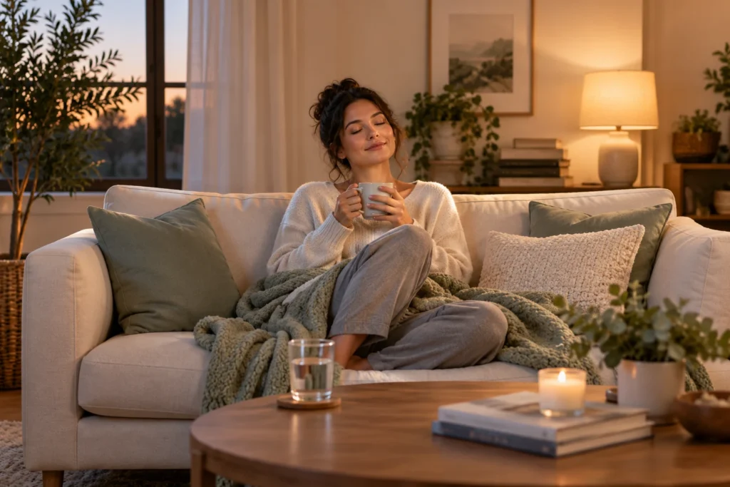 Woman relaxing on a sofa with a warm drink after a long, exhausting day