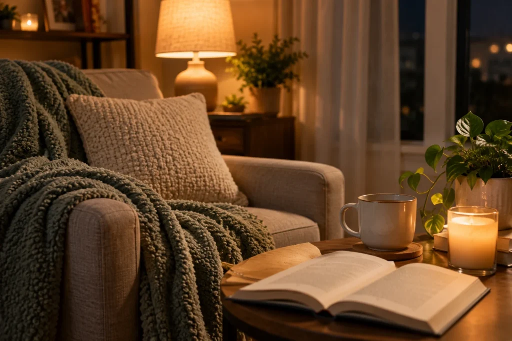 Cozy evening at home with a soft blanket, warm lamp, book and tea for winding down after a stressful day