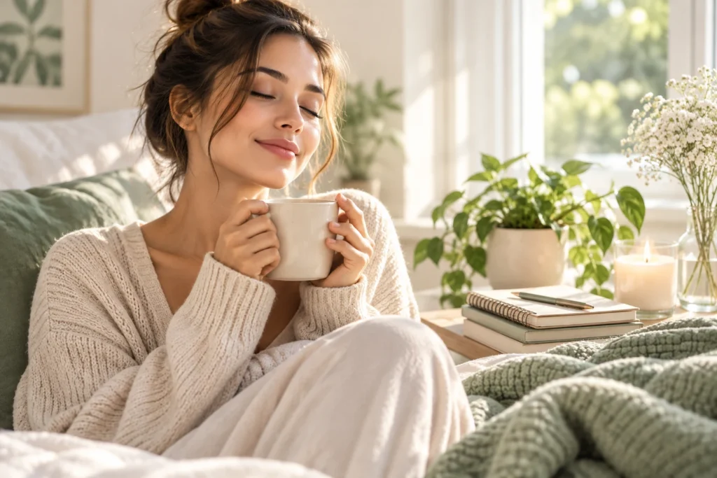 Woman enjoying a quiet self-care moment with a warm drink at home