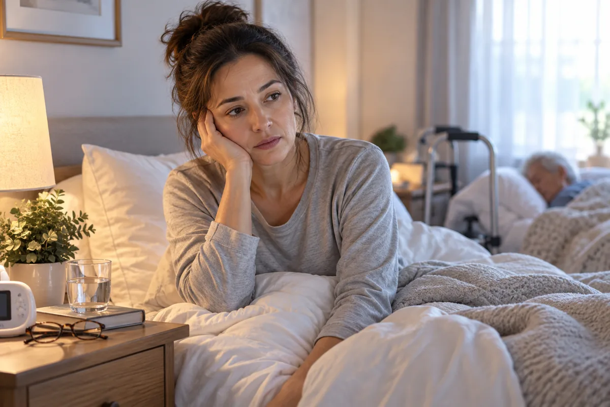 Tired family caregiver resting in bed after an interrupted night of sleep